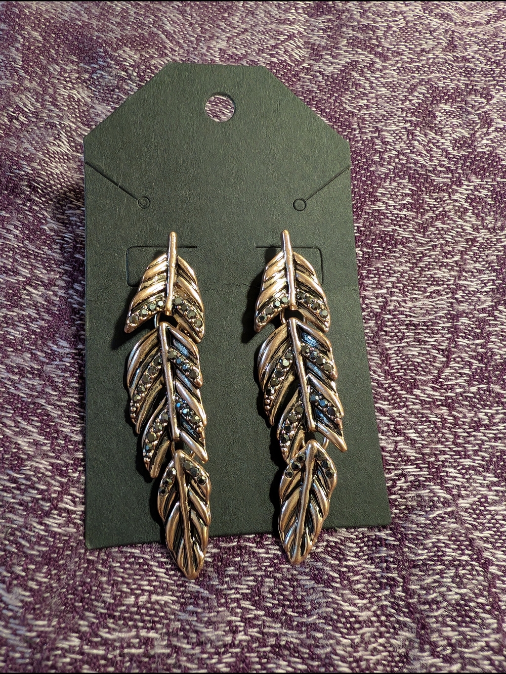 Gold Leaf Drop Earrings with Black Accents